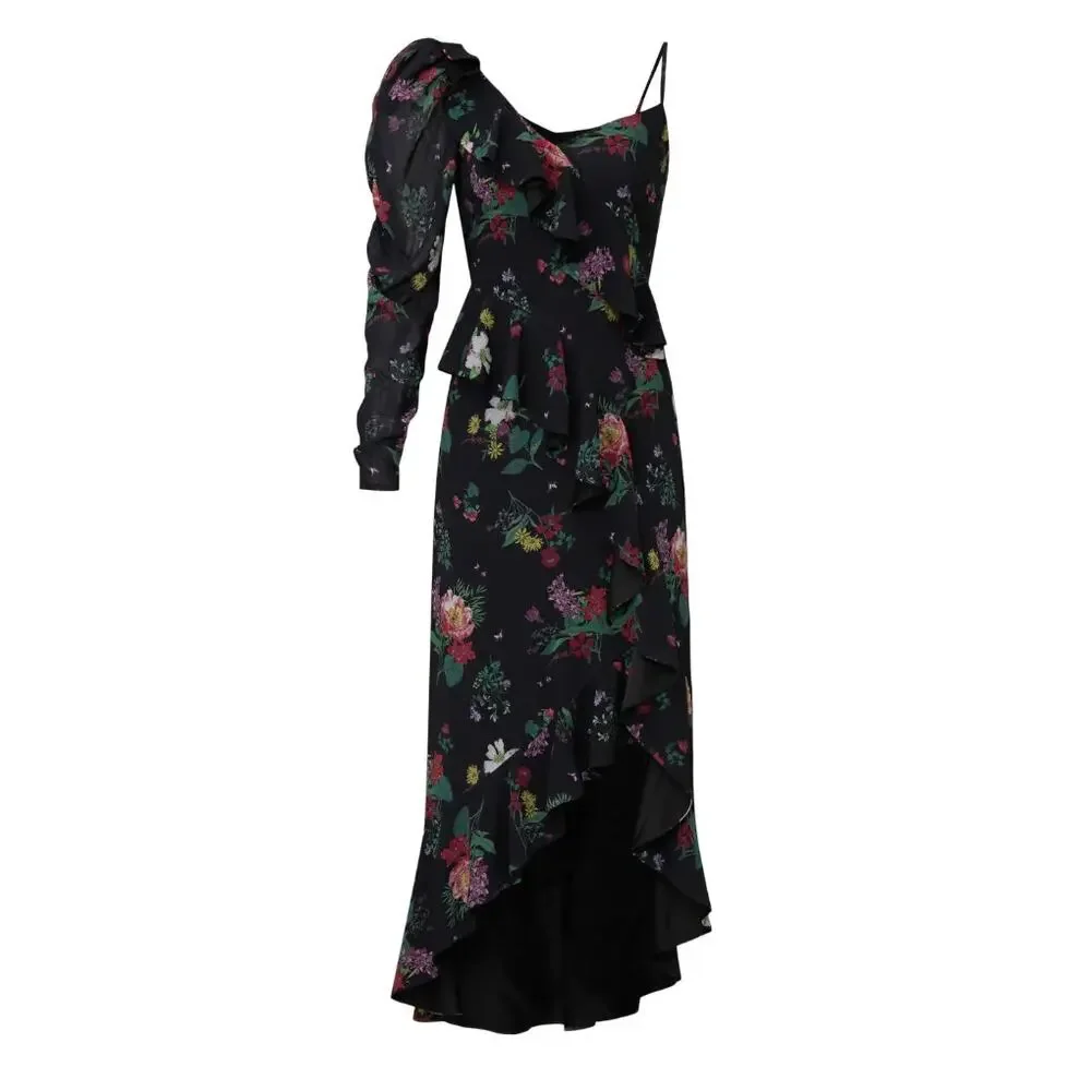 Amur Black Floral Chiffon Midi Dress SIZE 10 Cocktail Romantic Designer $600 - Picture 3 of 10